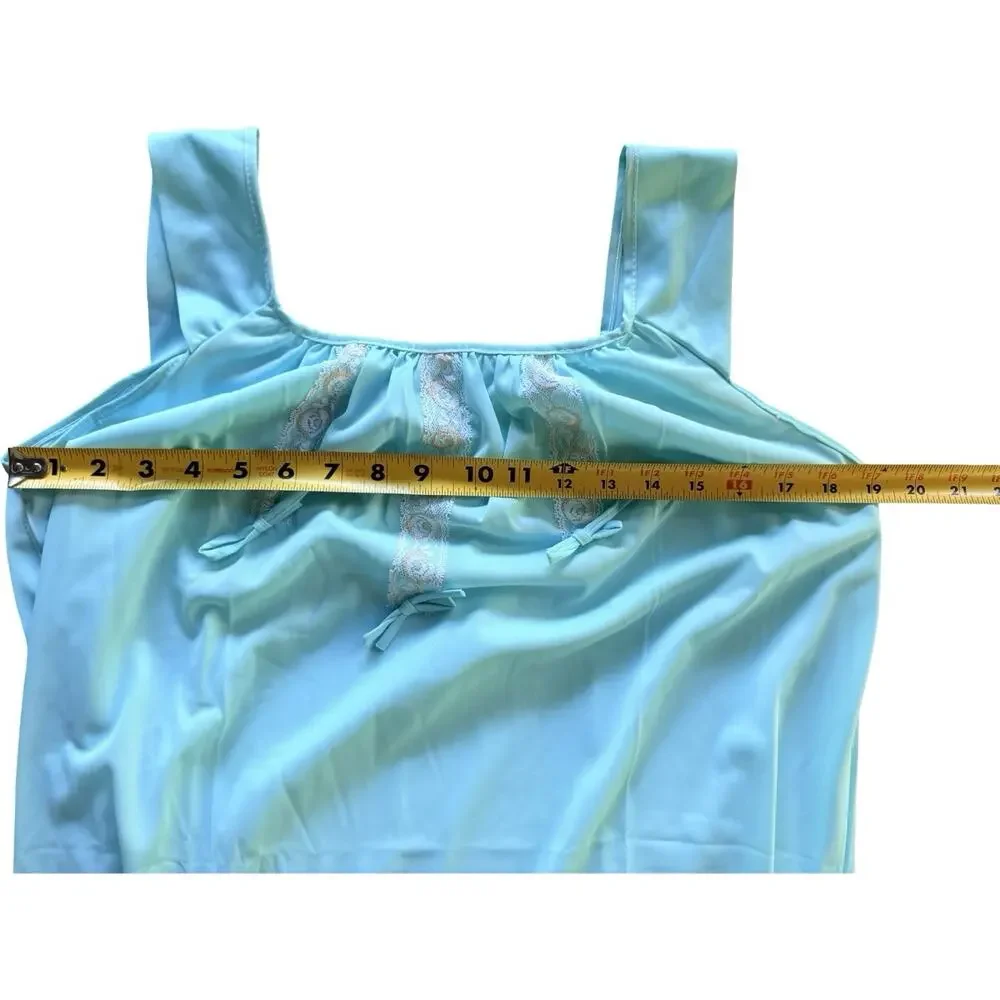 Berkliff Vintage NOS Nightgown Aqua Blue Nylon Lace Bow Maxi Small 32/34